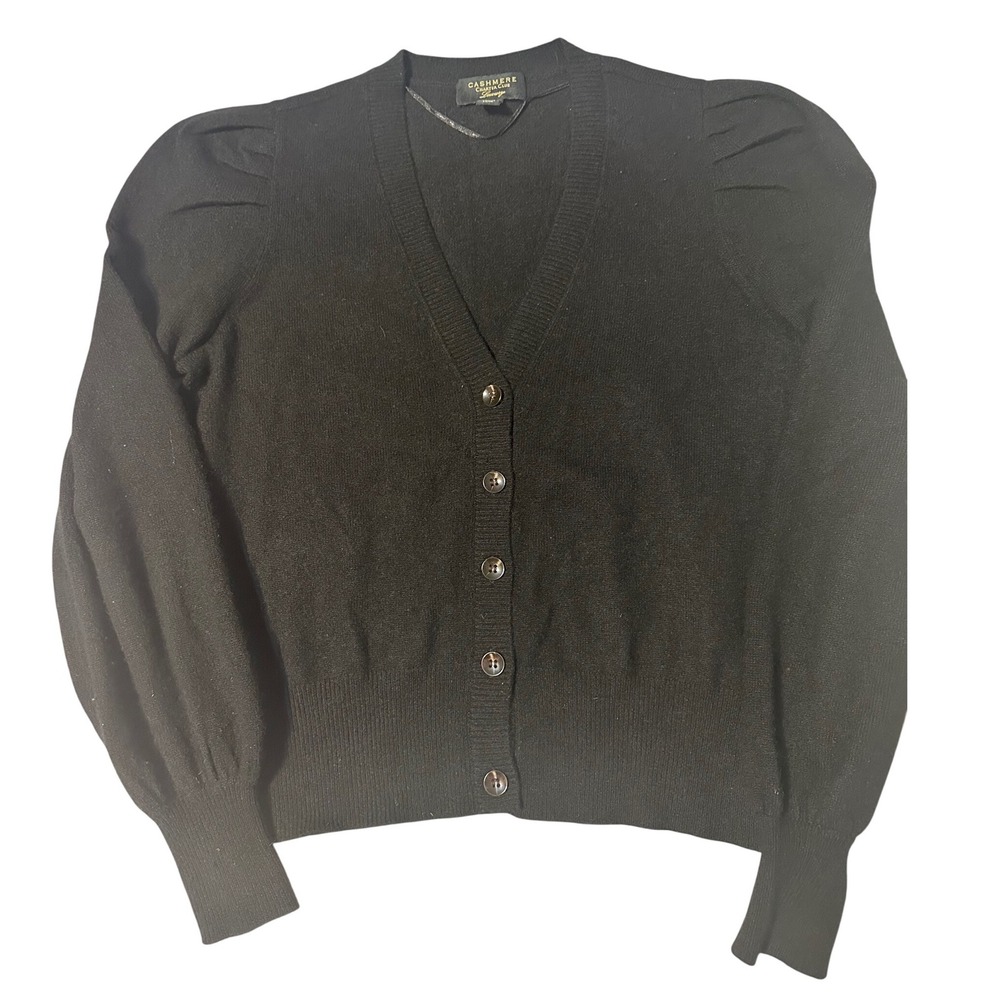 Charter Club Luxury Cashmere Cardigan Black Puff Shoulder V-Neck Sweater Small